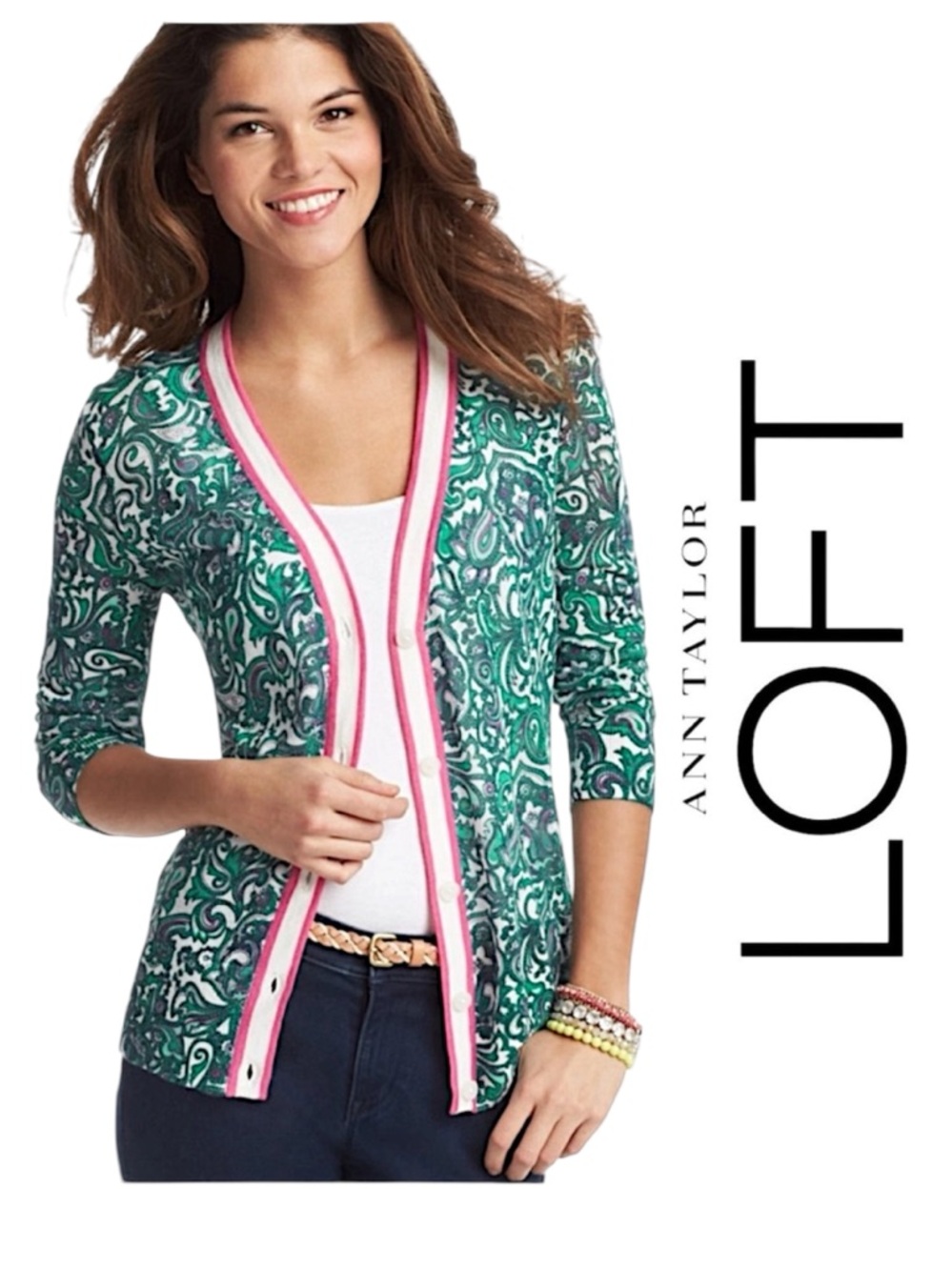 Ann Taylor Loft Green Pink Paisley Button Cardigan Contrast Trim Preppy Classic